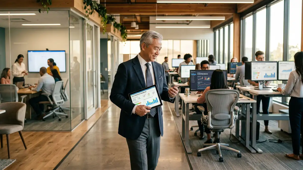 Senior executive reviewing automated lead generation performance metrics and AI-powered pipeline analytics