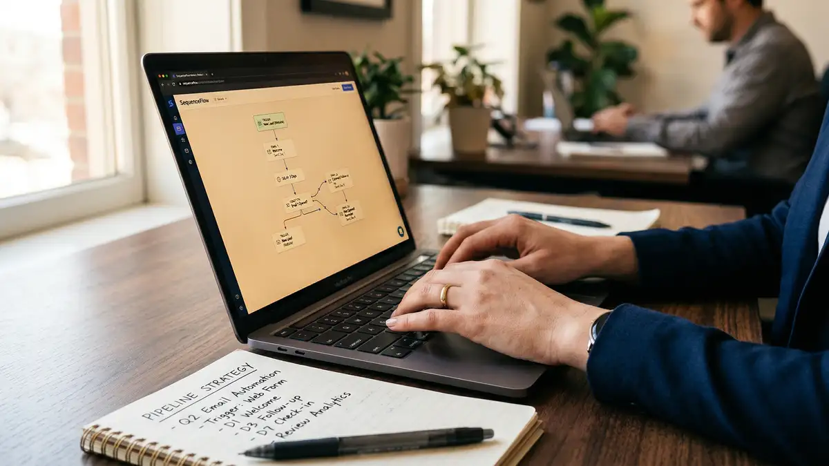 Business professional building automated email outreach sequences on laptop for B2B lead generation
