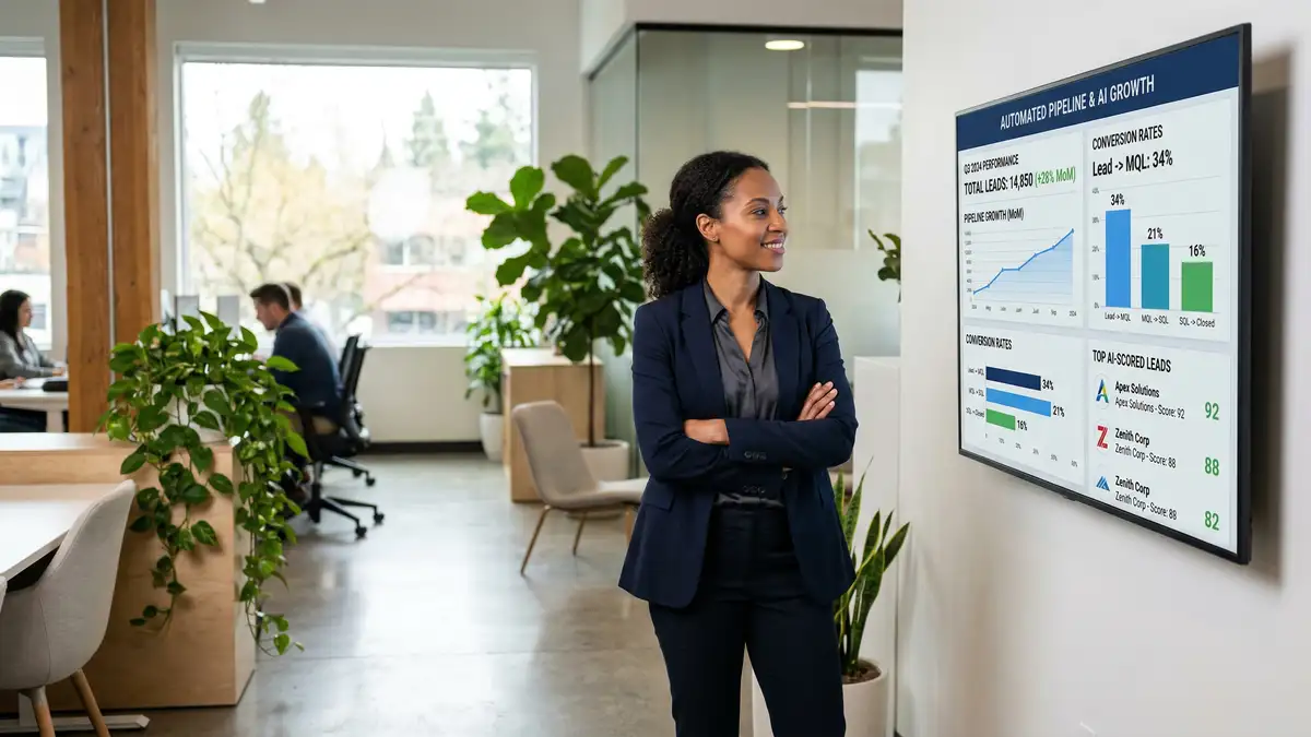 B2B founder reviewing automated pipeline growth charts and AI-scored lead profiles on wall display