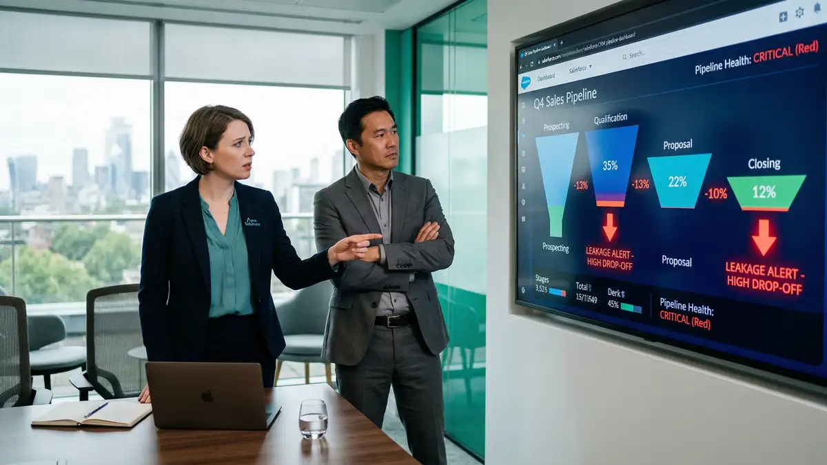B2B revenue leader analysing pipeline conversion data showing lead leakage at multiple funnel stages on a dashboard