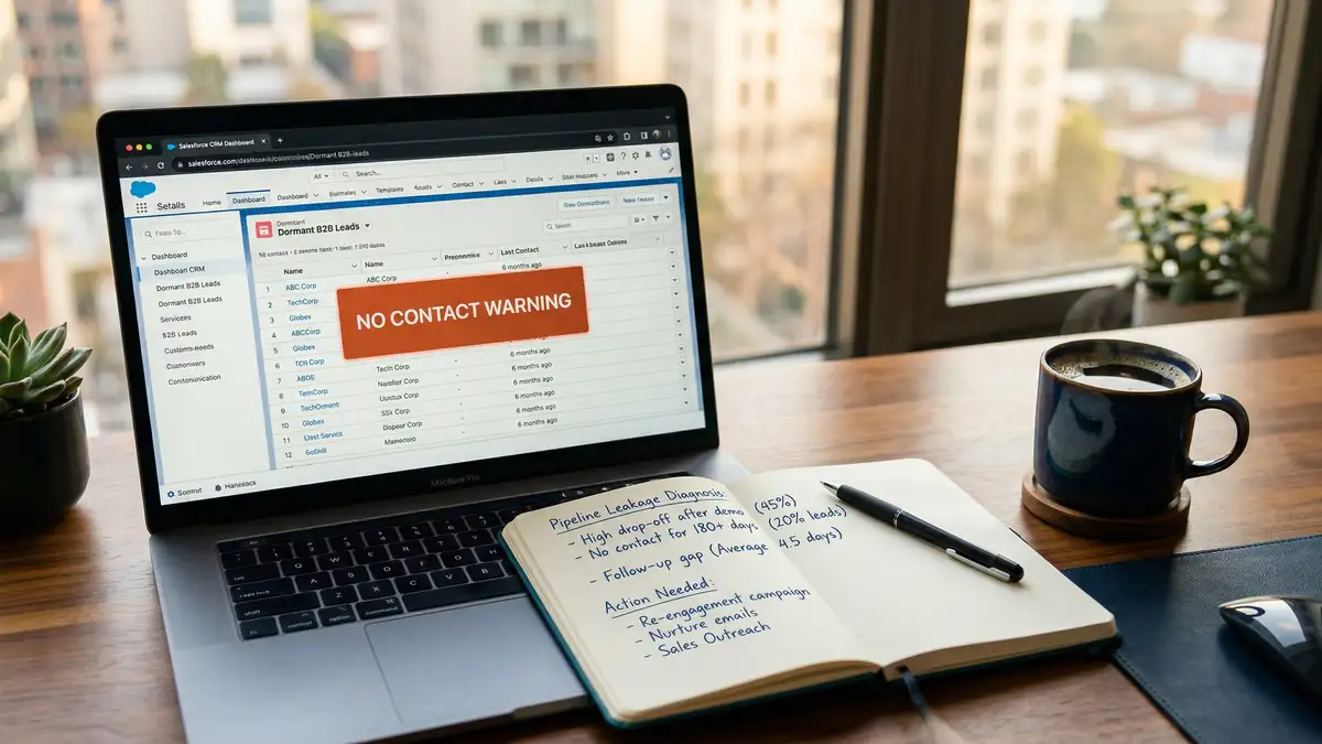 Dormant B2B leads visualised as inactive contacts in a CRM database awaiting reengagement and pipeline recovery