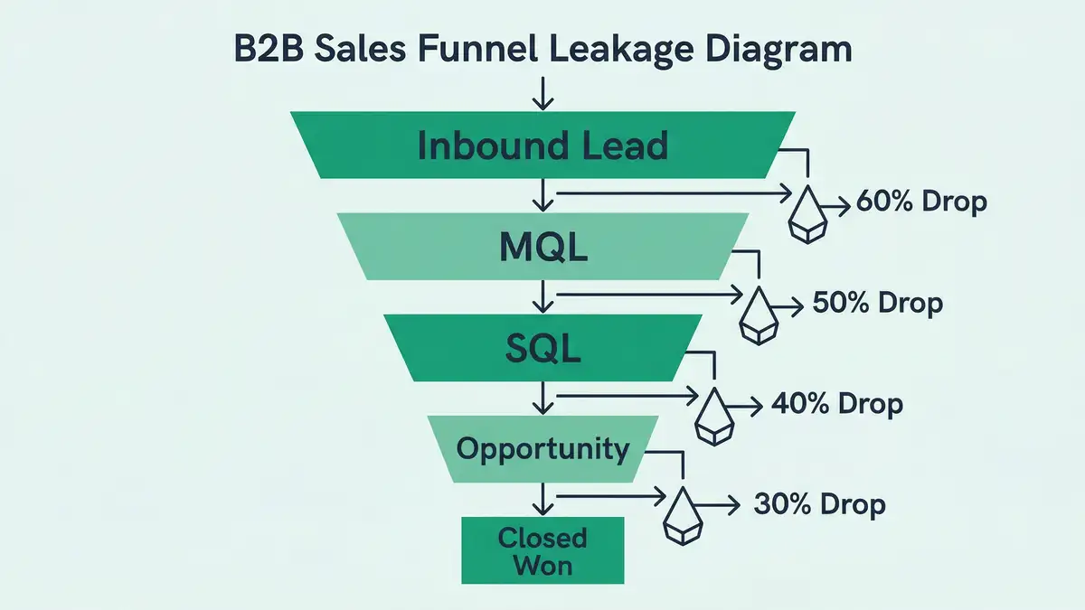 B2B pipeline leakage funnel infographic showing percentage drop-off at each stage from inquiry to closed deal