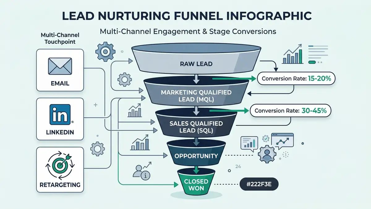 B2B lead nurturing engine infographic showing five-step implementation framework with scoring models, multi-channel sequences, and AI optimization