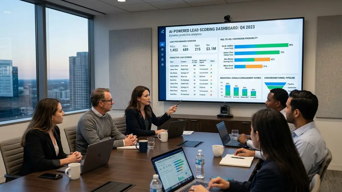 AI-powered lead scoring model showing predictive analytics transforming MQL-to-SQL conversion rates with behavioral and demographic signal integration
