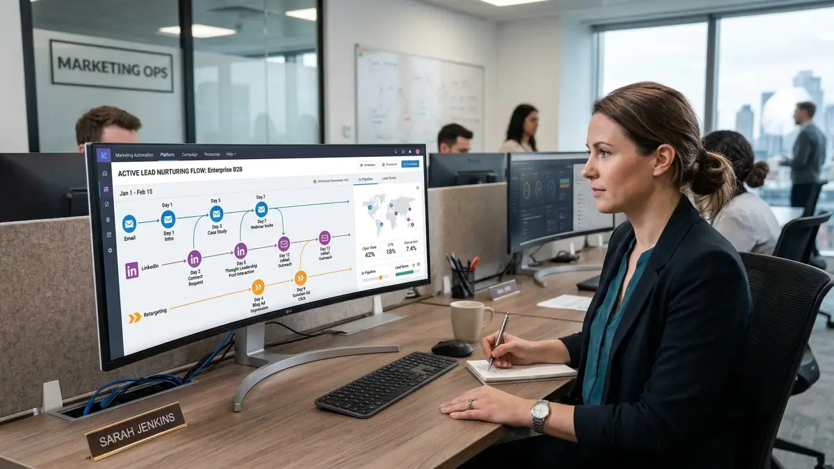 B2B lead nurturing email sequence dashboard showing multi-channel touchpoints, behavioral triggers, and conversion tracking across the buyer journey