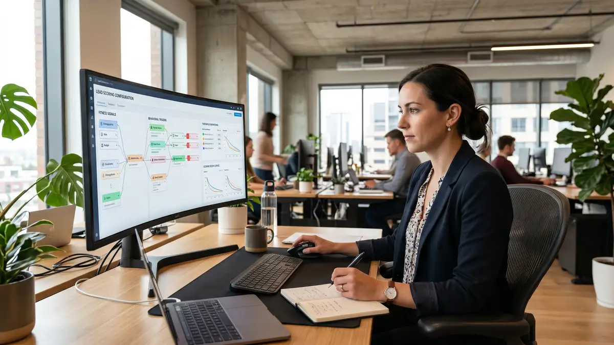 Sales operations specialist examining a lead scoring rules engine on a large monitor showing fitness signals, behavioural triggers, and threshold definitions