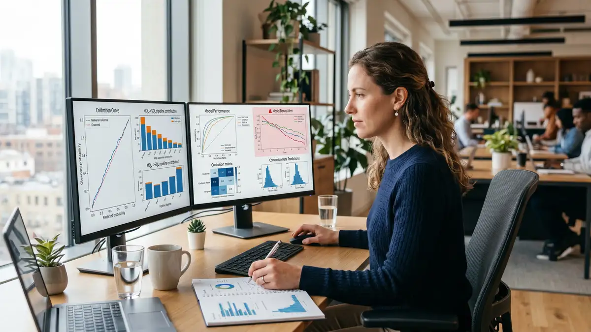 Marketing data scientist reviewing predictive lead scoring model performance on dual monitors with calibration curves and pipeline contribution graphs