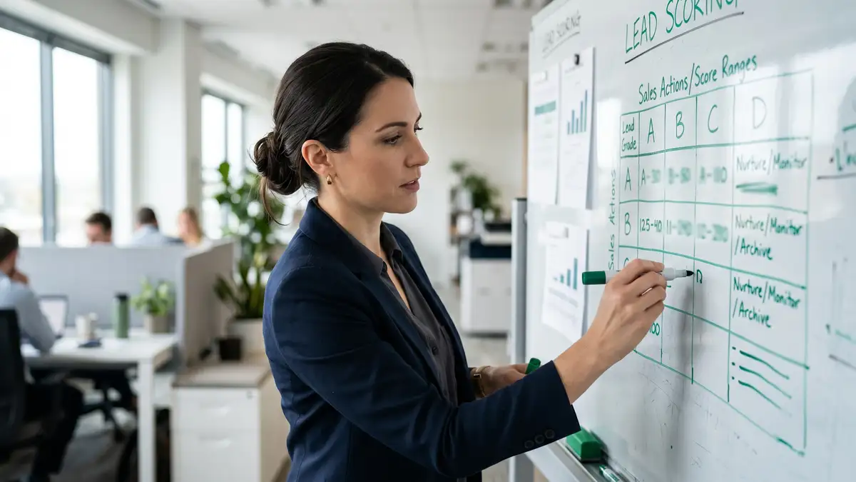 Revenue operations leader sketching a lead scoring threshold matrix on a whiteboard