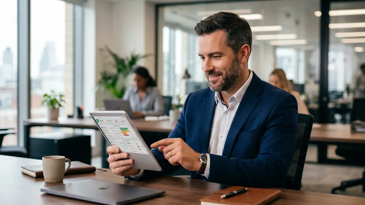 B2B sales director reviewing a CRM lead scoring queue on a tablet