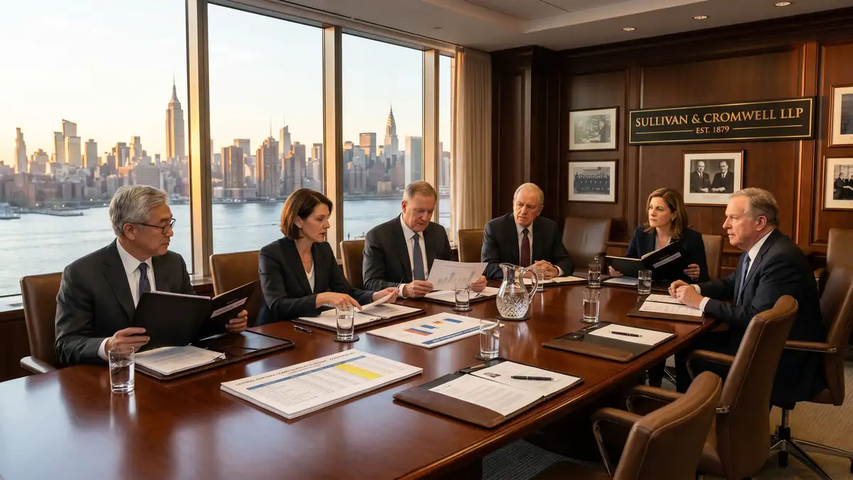 Law firm management committee of six senior partners in a Big Law boardroom reviewing lateral partner candidates with compensation schedules and origination credit spreadsheets