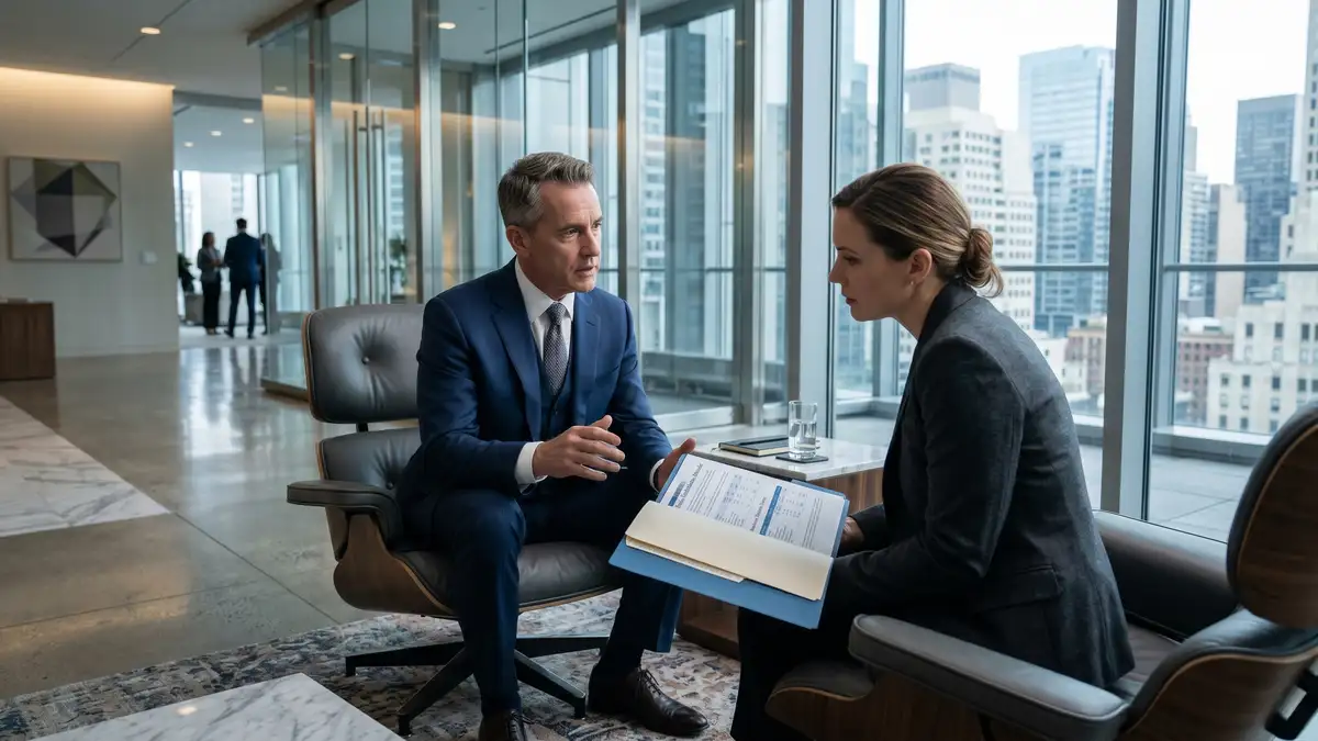 Fortune 500 General Counsel interview at a corporate headquarters executive suite with two professionals reviewing equity compensation and retention package terms
