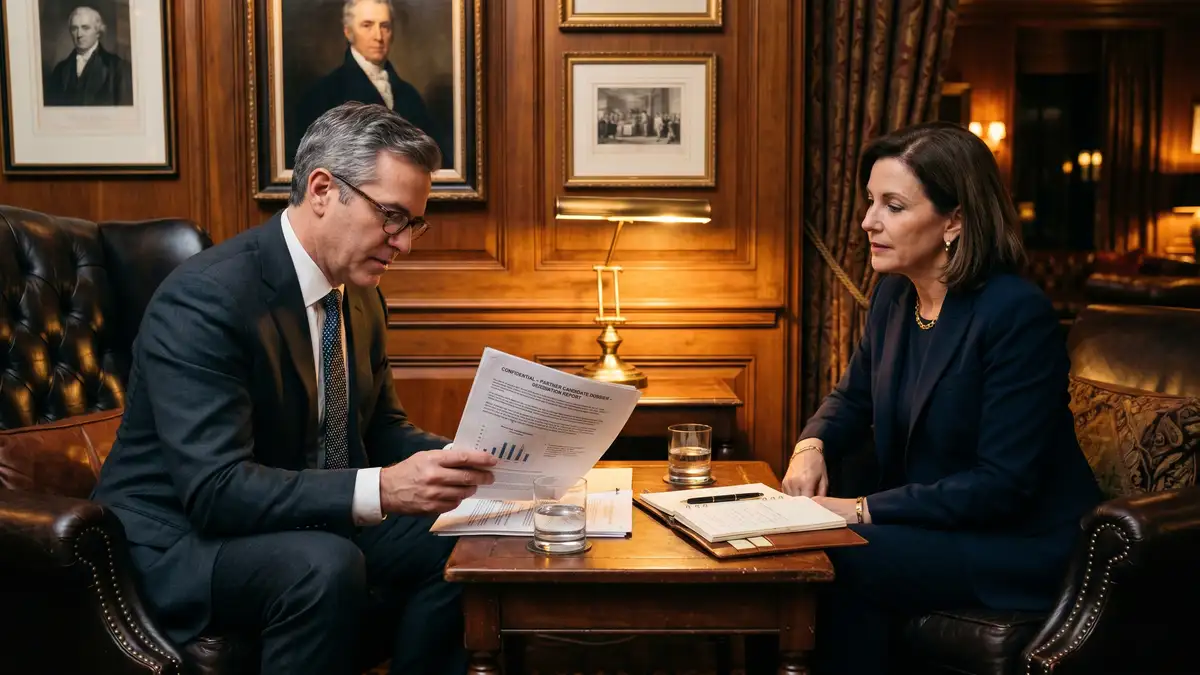 Confidential law firm partner interview at a private Manhattan members club with two lawyers reviewing a candidate dossier and origination report