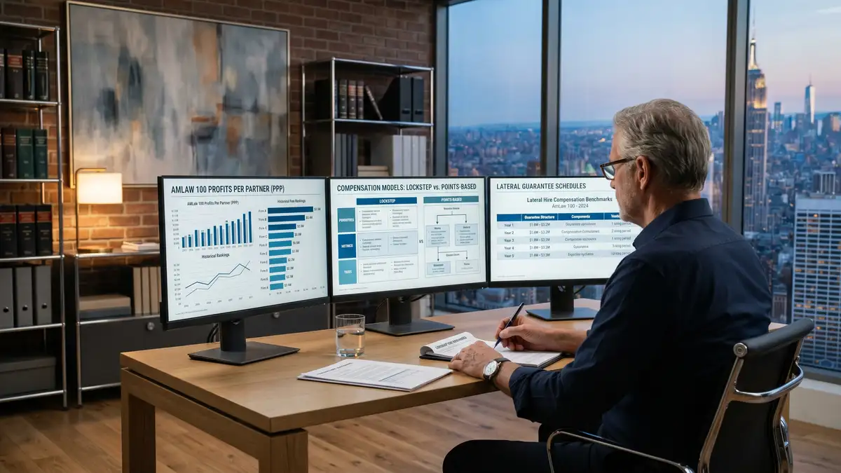 Senior legal compensation consultant analyzing AmLaw 100 partner compensation and lateral guarantee benchmarks across three monitor displays