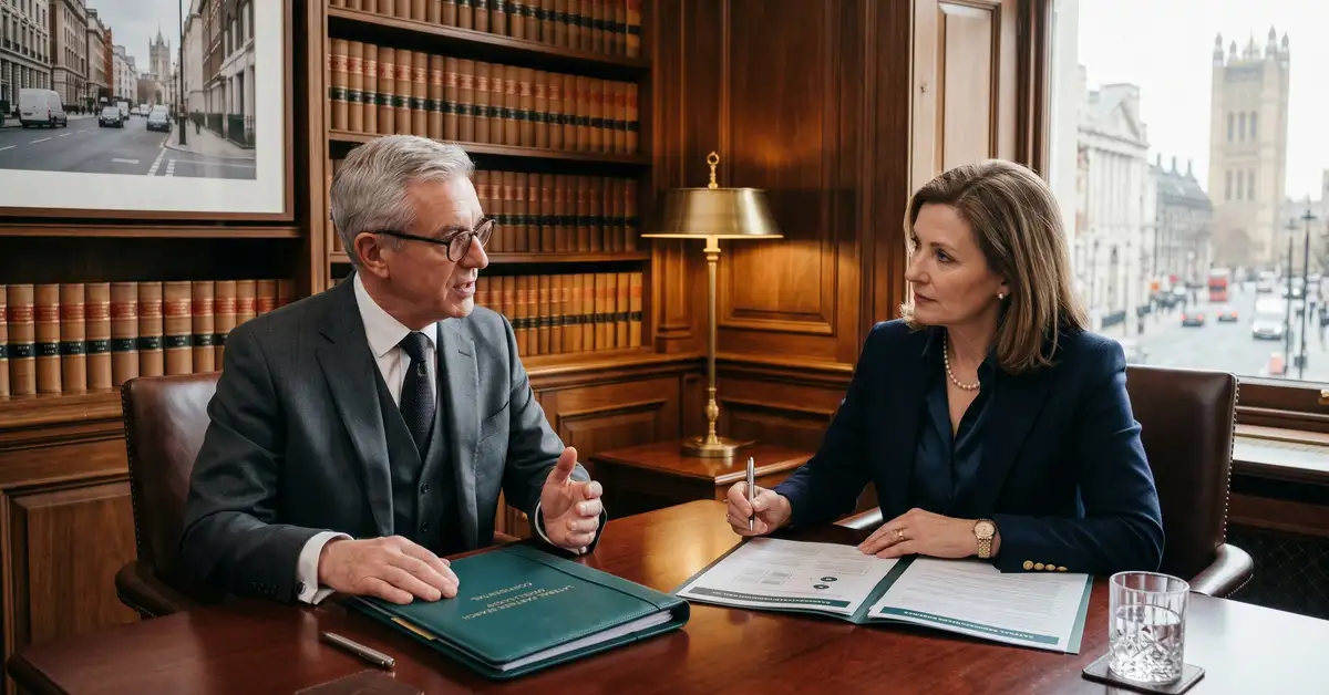 Senior law firm partner search consultation in a wood-paneled conference room with two professionals reviewing a candidate dossier and lateral partner guarantee schedule
