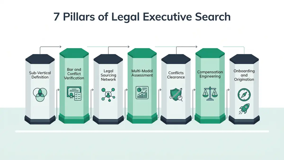 7 Pillars of Legal Executive Search infographic showing sub-vertical definition, bar and conflict verification, legal sourcing network, multi-modal assessment, conflicts clearance, compensation engineering, and onboarding and origination