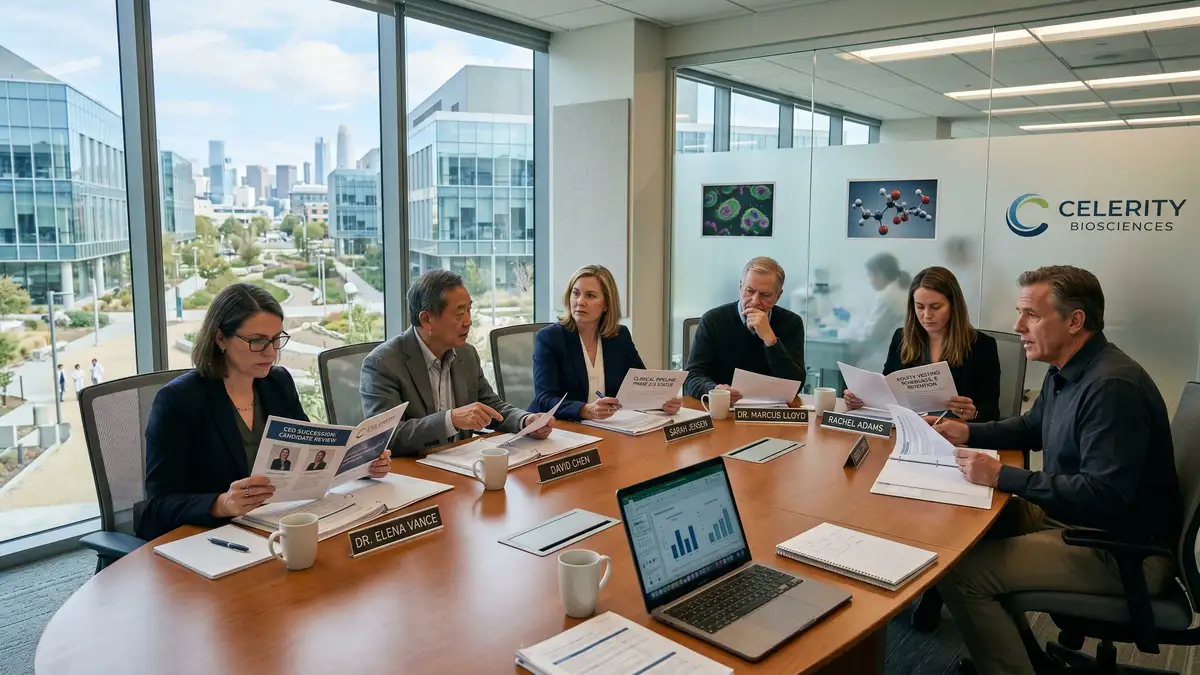 Biotech board meeting reviewing CEO succession candidates with six senior board members and executives around a conference table