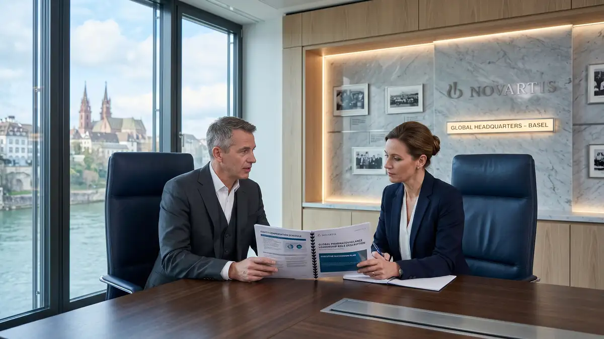 Big Pharma C-suite executive interview at a global pharmaceutical company headquarters with two professionals reviewing equity compensation and pharmacovigilance leadership materials