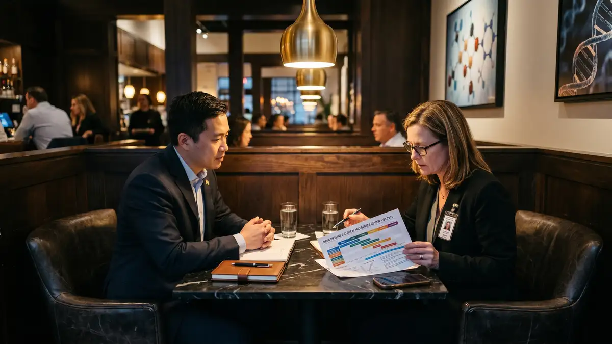Confidential life sciences senior scientist interview at a private booth in a Cambridge or Boston biotech corridor restaurant