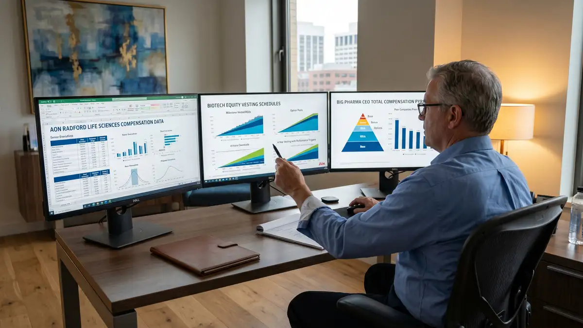 Senior life sciences compensation consultant analyzing pharma and biotech executive compensation across three monitor displays