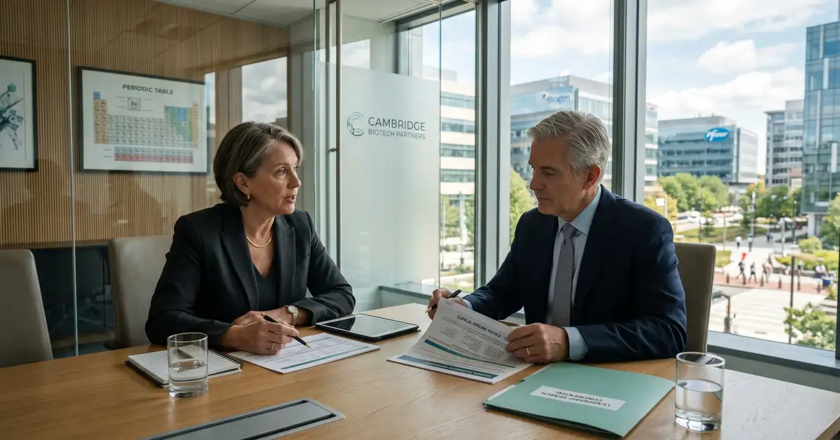 Senior pharma and biotech executive search consultation in a Cambridge biotech headquarters conference room reviewing clinical pipeline and equity vesting schedule