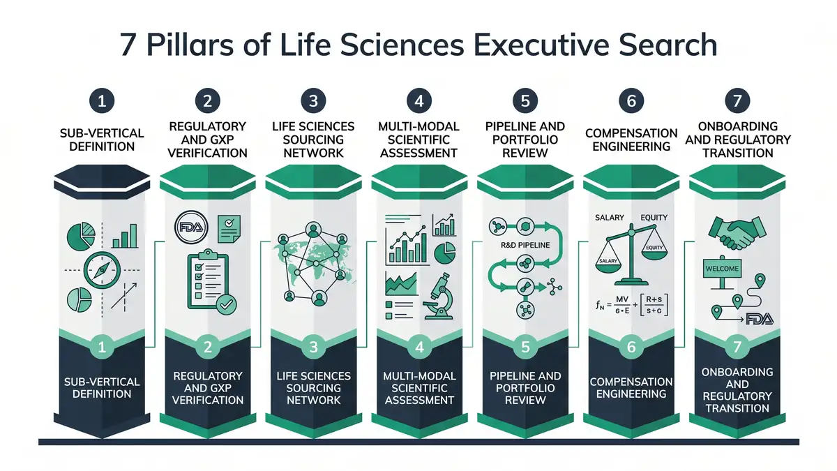 7 Pillars of Life Sciences Executive Search infographic showing sub-vertical definition, regulatory and GxP verification, life sciences sourcing network, multi-modal scientific assessment, pipeline and portfolio review, compensation engineering, and onboarding and regulatory transition