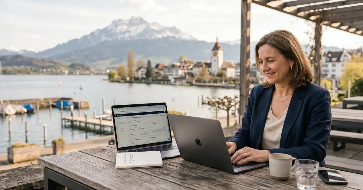 Lifestyle consultant founder working from premium location with laptop showing client subscription portal