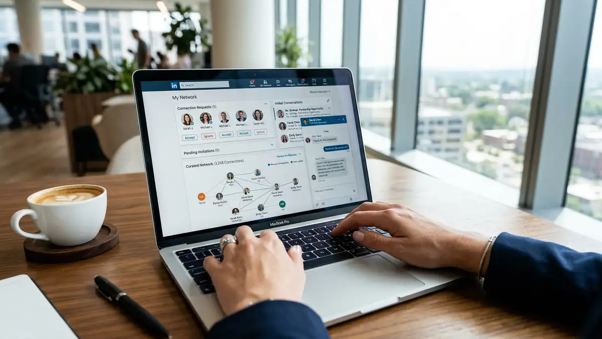 Professional recruiter using LinkedIn networking dashboard on laptop for executive search candidate sourcing and relationship management