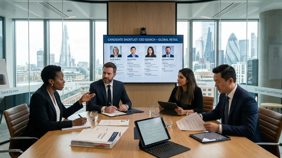 Executive search team in glass-walled conference room discussing candidate shortlists and retained search strategy