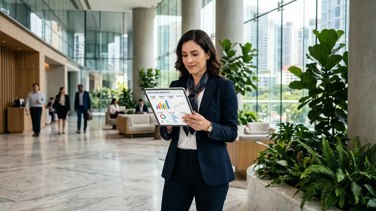 Business executive reviewing professional networking analytics on tablet showing connection data and engagement metrics