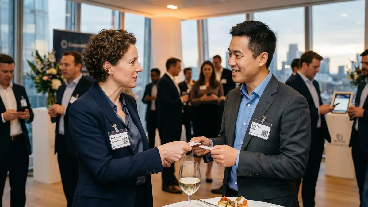 Two professionals at corporate networking event exchanging business cards demonstrating how offline connections strengthen LinkedIn executive search networks