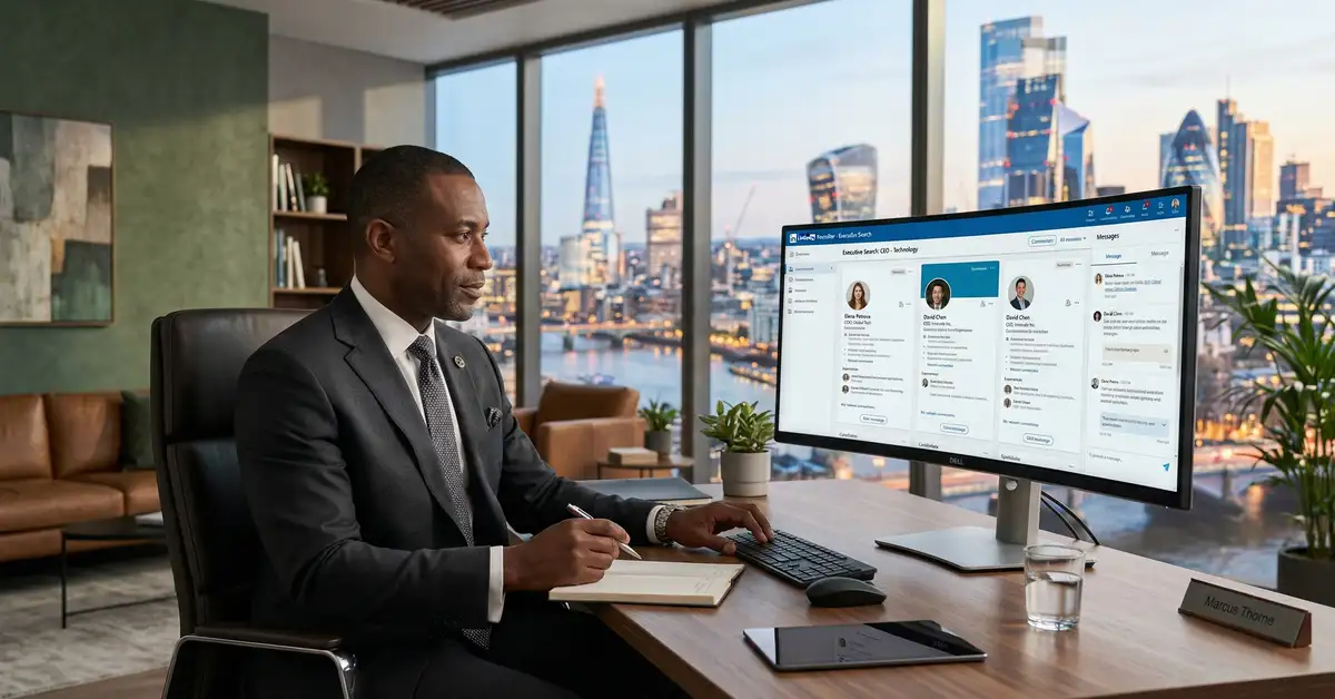 Executive recruiter in modern high-rise office reviewing LinkedIn executive search candidate profiles on curved monitor