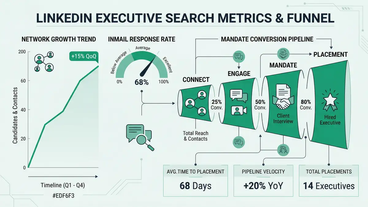 Infographic showing LinkedIn executive search mandate generation funnel from network connection through engagement to retained placement with key metrics