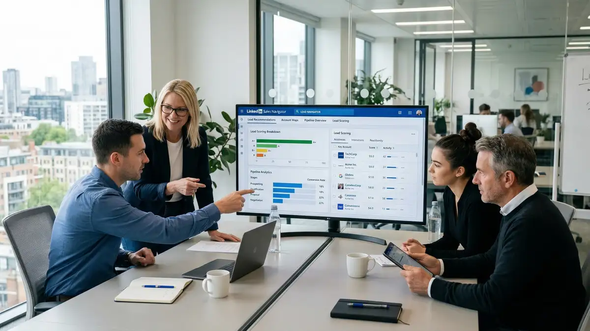LinkedIn Sales Navigator dashboard showing B2B lead generation pipeline with advanced search filters and lead recommendations for targeted prospecting