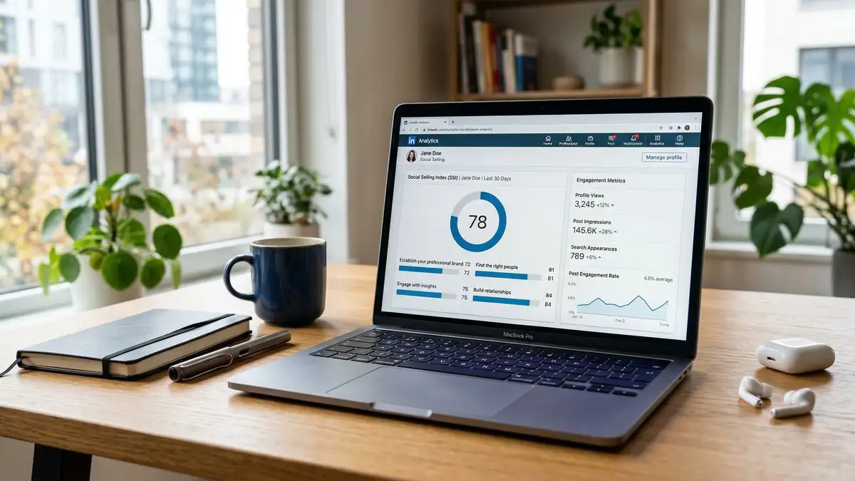 LinkedIn content strategy analytics showing engagement metrics, follower growth trajectory, and post performance data for B2B thought leadership