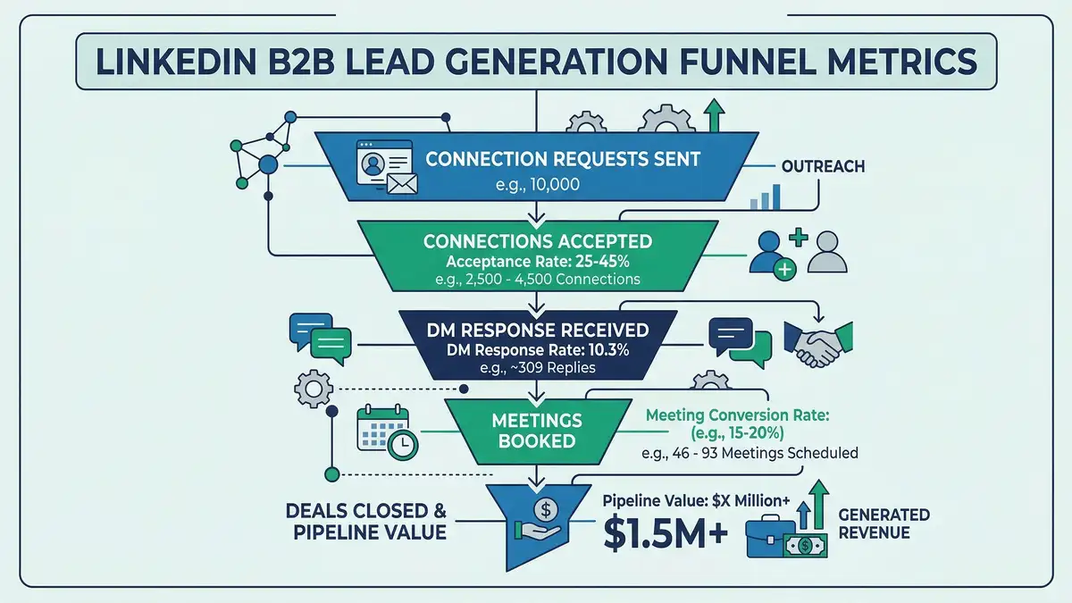 LinkedIn B2B lead generation performance infographic showing connection acceptance rates, InMail response benchmarks, and pipeline conversion metrics