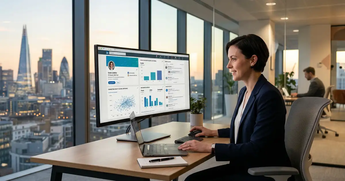 LinkedIn lead generation for B2B: executive using LinkedIn Sales Navigator for systematic lead generation in a modern office