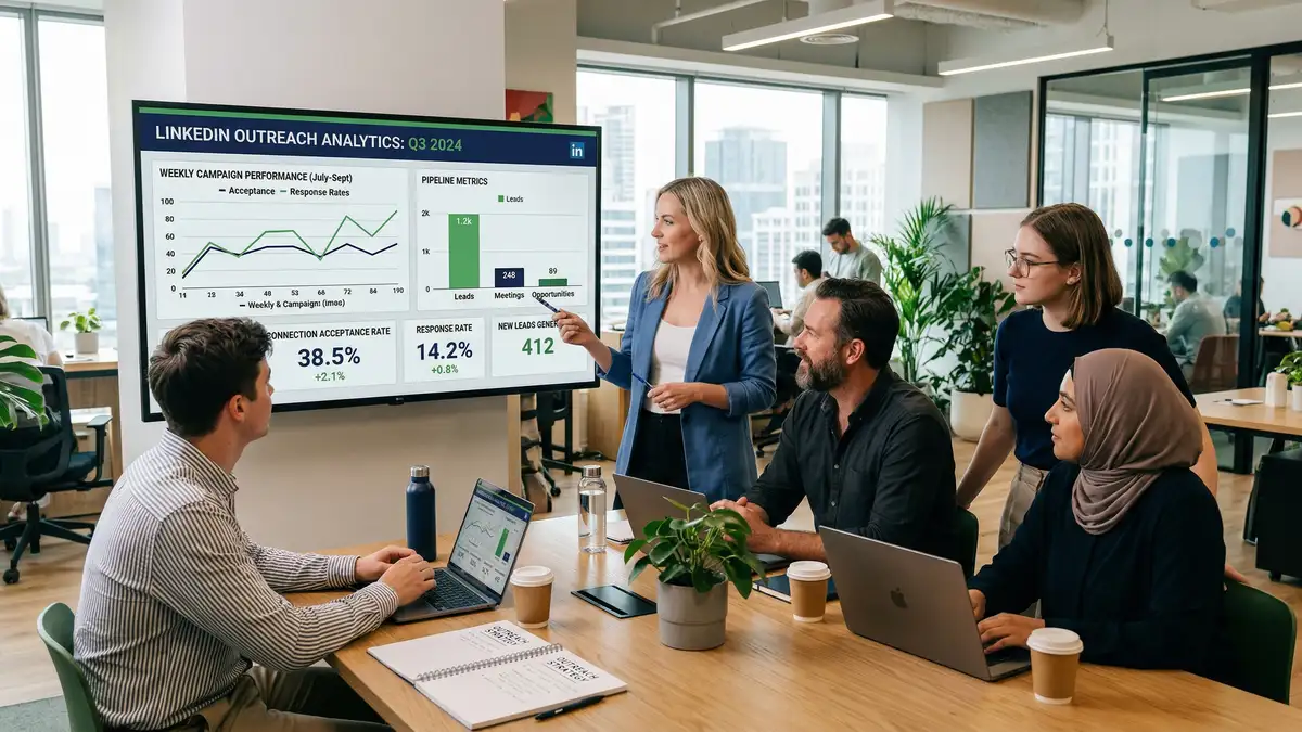 Marketing team reviewing LinkedIn outreach analytics dashboard showing connection acceptance rates and response rate metrics for B2B prospecting campaigns