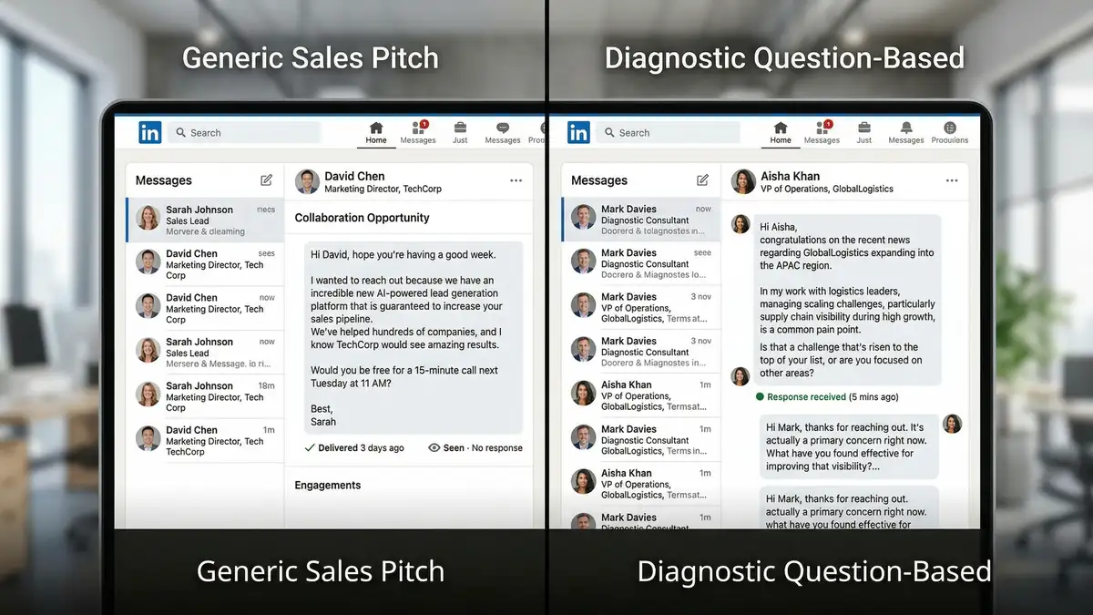 Side-by-side comparison of generic LinkedIn sales pitch message with low engagement versus diagnostic question-based outreach with high response rates