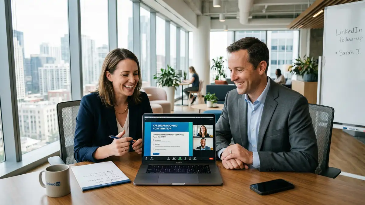 Two business professionals on a video call meeting booked through LinkedIn outreach with calendar confirmation visible on screen