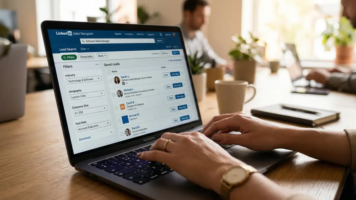 Business professional using LinkedIn Sales Navigator to filter and build targeted prospect lists for B2B outreach automation