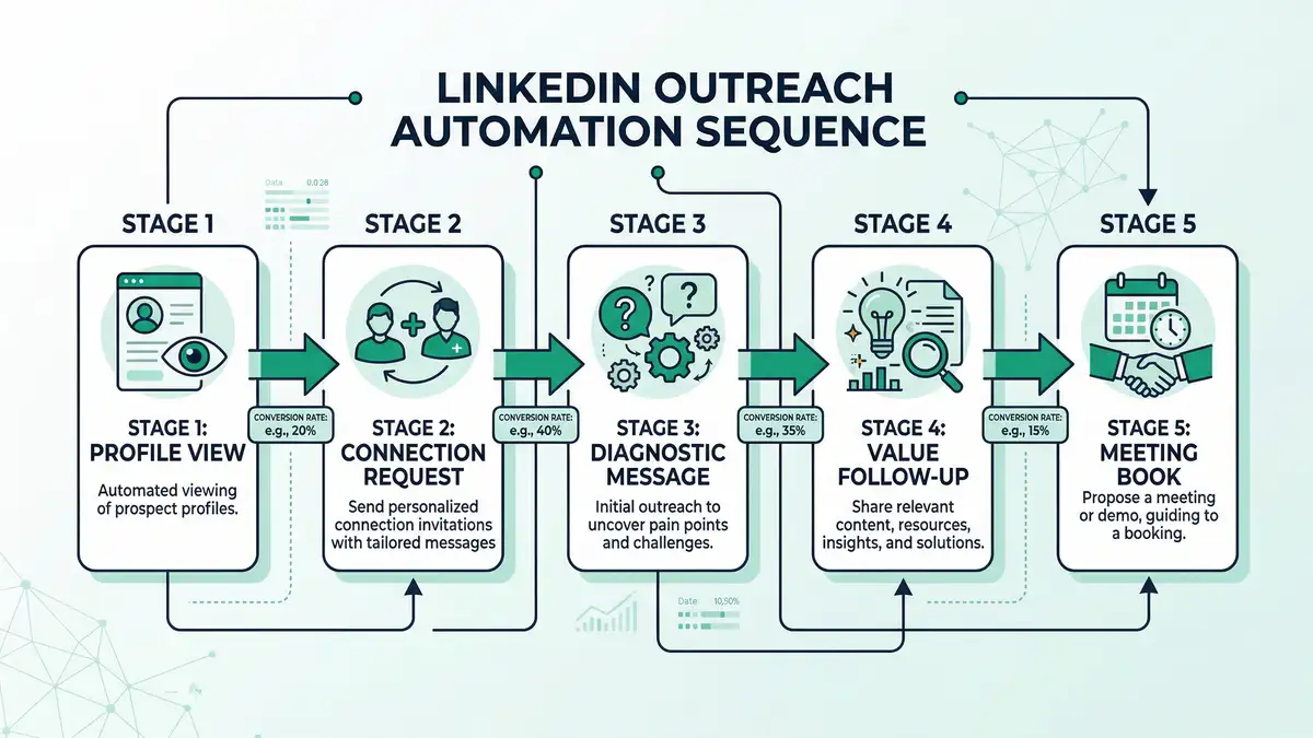 Architectural infographic showing five-stage LinkedIn outreach automation sequence from profile view to meeting booking with conversion rates at each stage