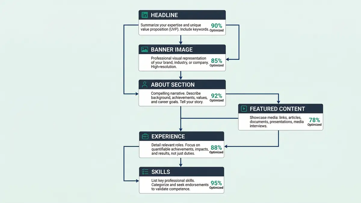 LinkedIn profile optimization framework infographic showing B2B lead generation architecture with peppereffect brand colors