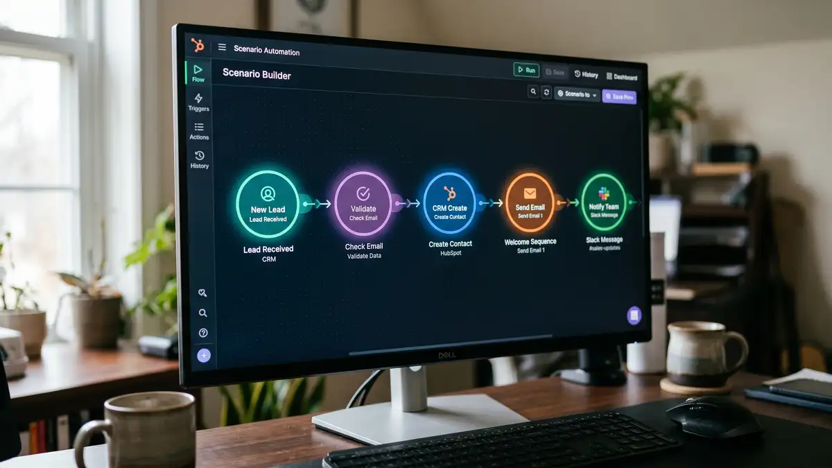 Make.com visual scenario builder showing several connected modules in a flow, each module execution counted as one operation or credit