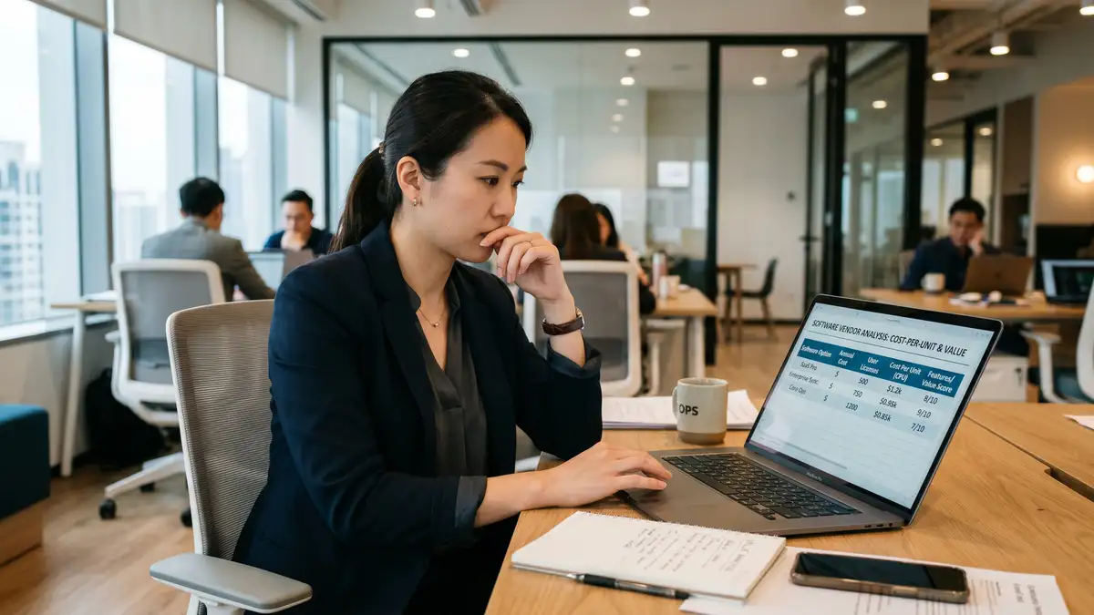 Operations professional comparing cost-per-unit value across automation platforms on a laptop with a comparison chart