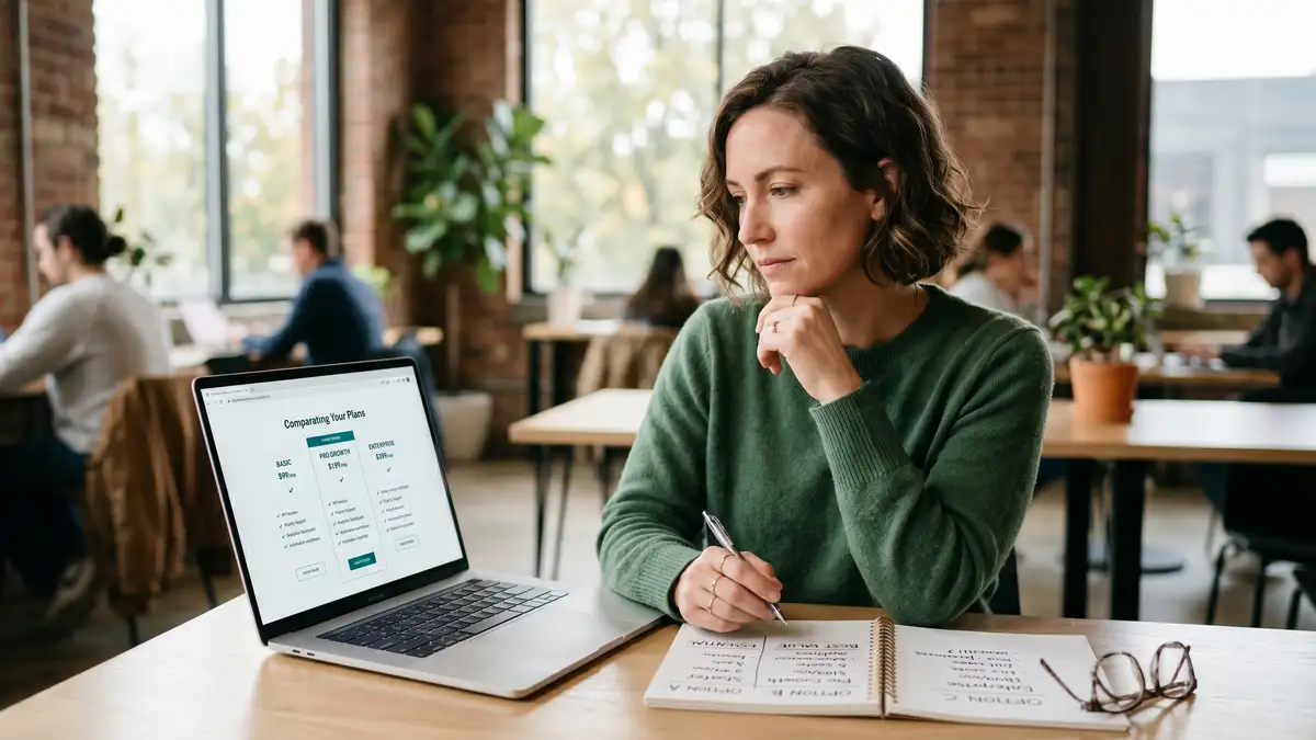 Person comparing automation plan tiers on a laptop with a notepad, choosing the best-value automation platform