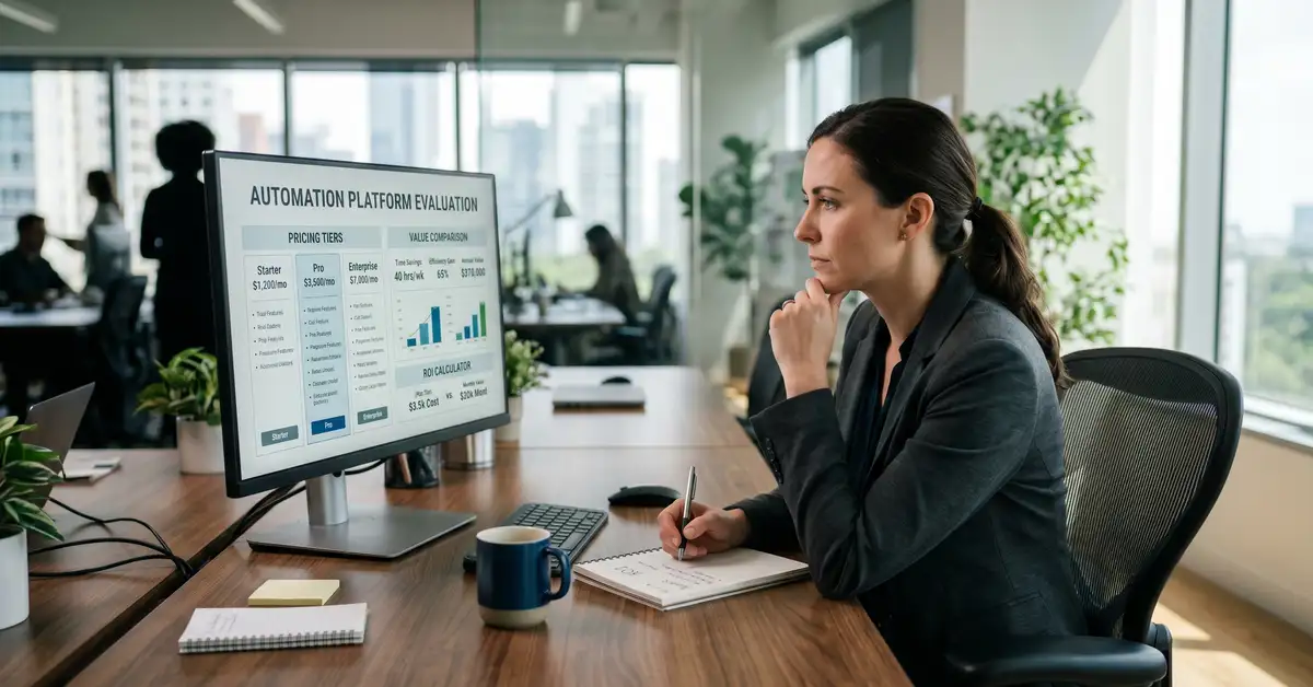 B2B operations leader weighing Make.com cost against value on a monitor, evaluating operation-based pricing tiers