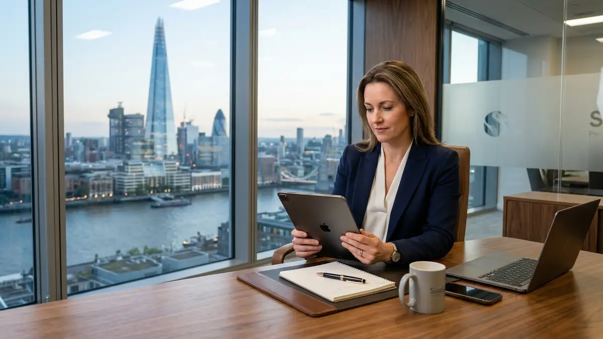 SaaS CEO reviewing marketing automation ROI report on tablet showing pipeline attribution and conversion funnel metrics