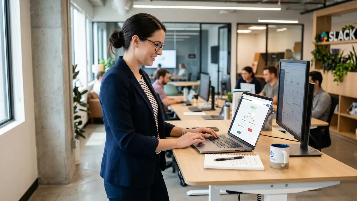 B2B marketing manager building automated email nurture sequence with drag-and-drop workflow editor on laptop