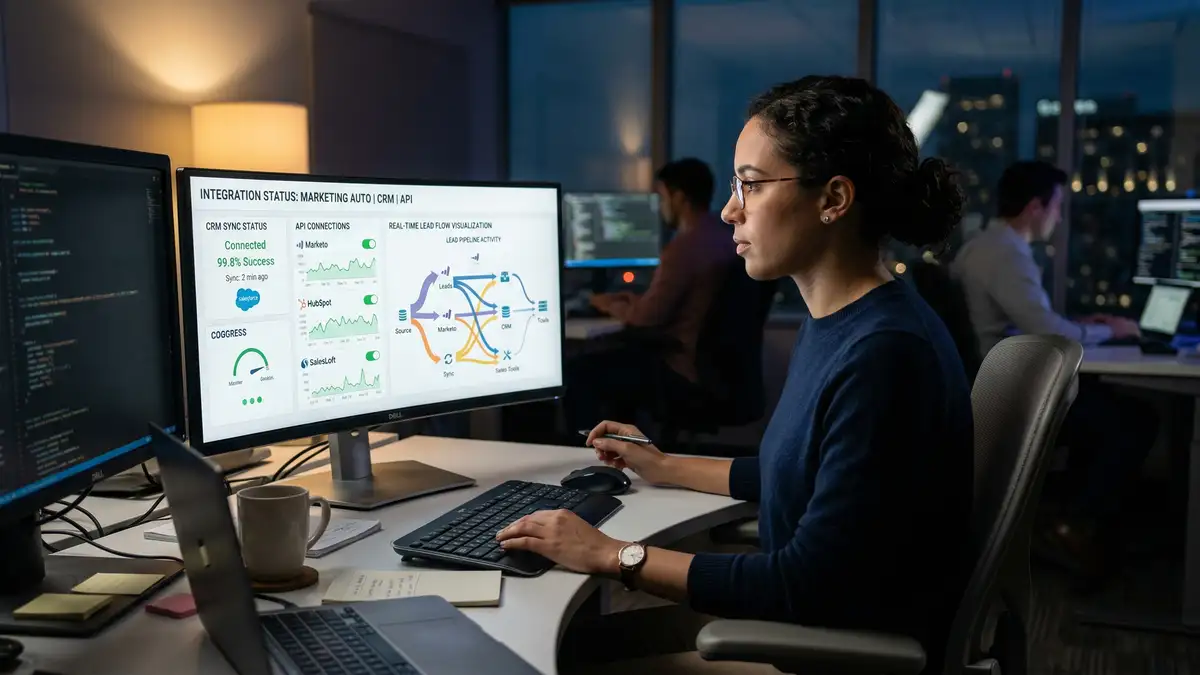 Data analyst reviewing marketing automation platform integration dashboard showing CRM sync status and lead flow visualization
