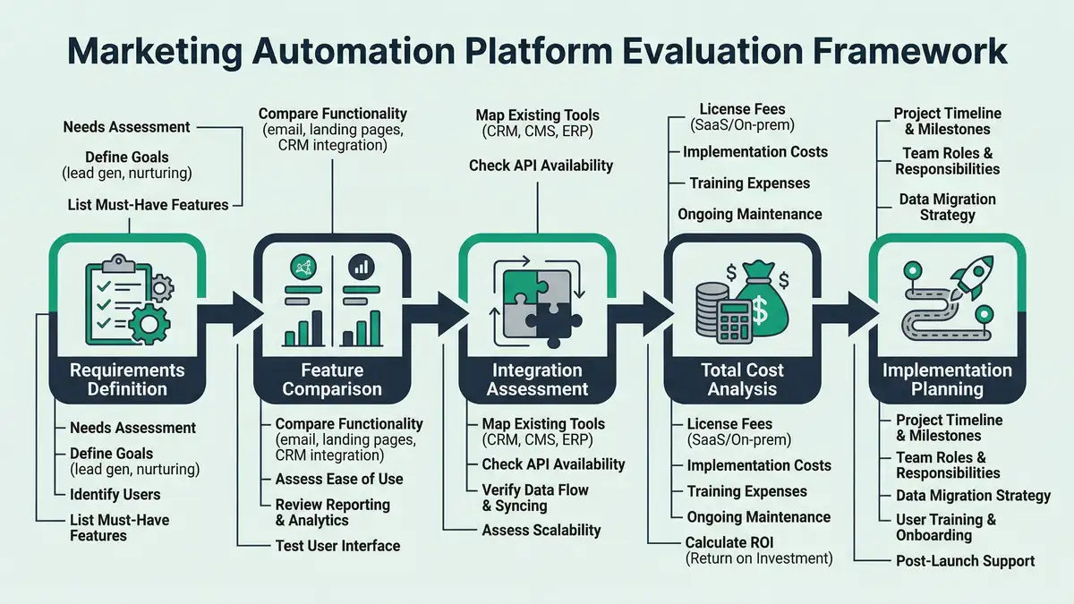 Infographic showing marketing automation platform evaluation framework with five decision stages from requirements to implementation planning using peppereffect brand colors